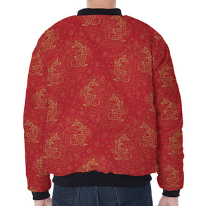 Chinese Koi Fish Pattern Print Zip Sleeve Bomber Jacket