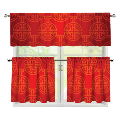Chinese Lu Symbol Pattern Print 3 Piece Kitchen Curtains