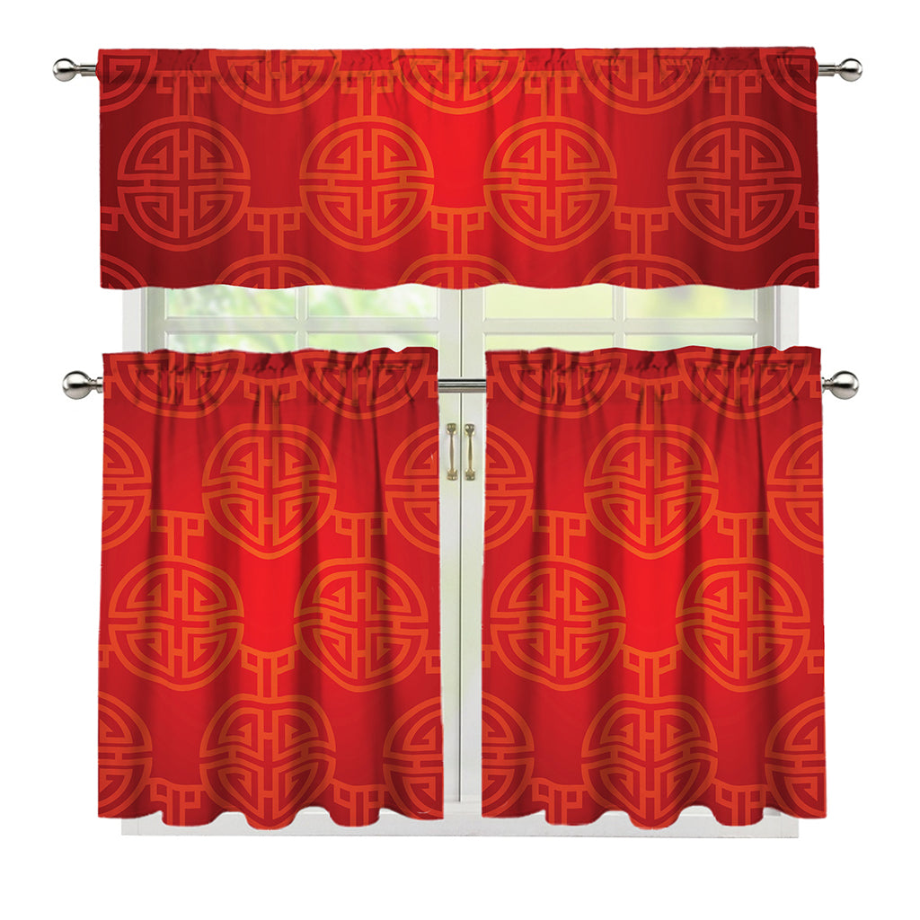 Chinese Lu Symbol Pattern Print 3 Piece Kitchen Curtains