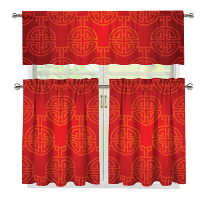 Chinese Lu Symbol Pattern Print 3 Piece Kitchen Curtains