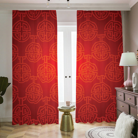 Chinese Lu Symbol Pattern Print Blackout Pencil Pleat Curtains