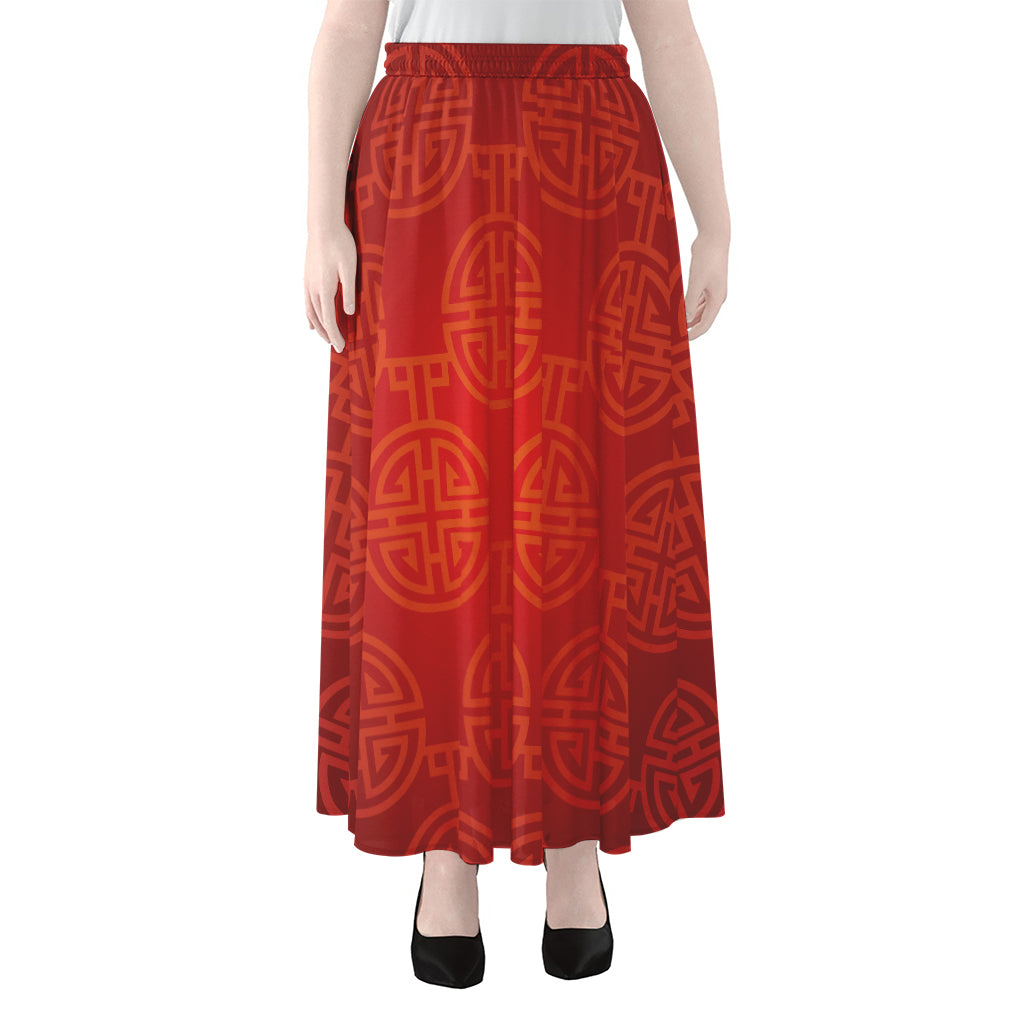 Chinese Lu Symbol Pattern Print Chiffon Maxi Skirt
