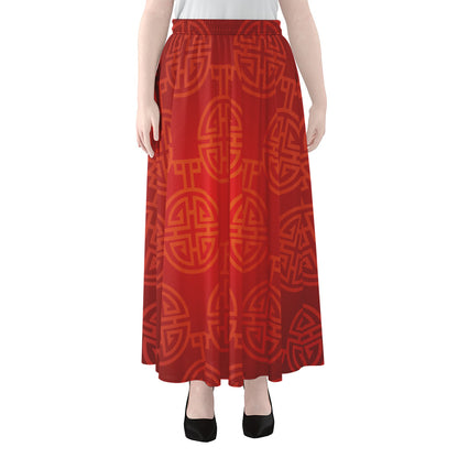 Chinese Lu Symbol Pattern Print Chiffon Maxi Skirt