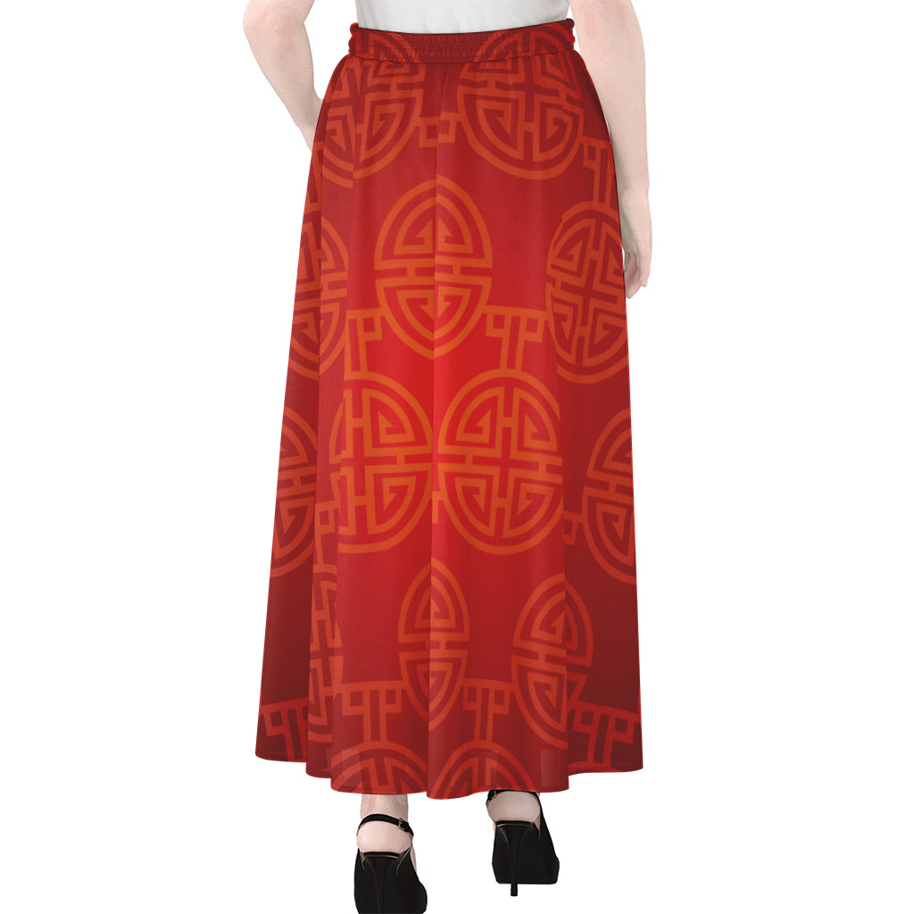 Chinese Lu Symbol Pattern Print Chiffon Maxi Skirt