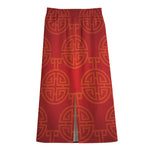 Chinese Lu Symbol Pattern Print Cotton Front Slit Maxi Skirt