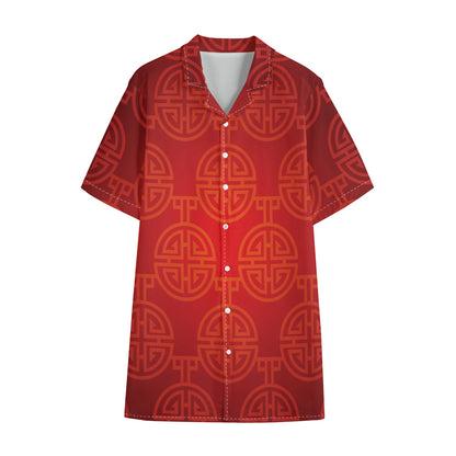 Chinese Lu Symbol Pattern Print Cotton Hawaiian Shirt
