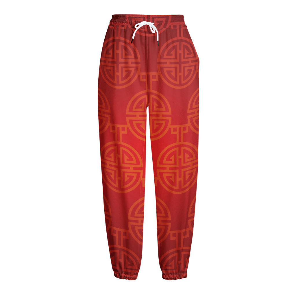 Chinese Lu Symbol Pattern Print Fleece Lined Knit Pants