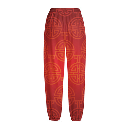 Chinese Lu Symbol Pattern Print Fleece Lined Knit Pants