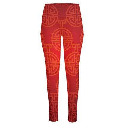 Chinese Lu Symbol Pattern Print High-Waisted Pocket Leggings