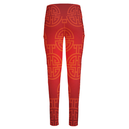 Chinese Lu Symbol Pattern Print High-Waisted Pocket Leggings