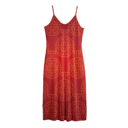 Chinese Lu Symbol Pattern Print Jersey Midi Cami Dress