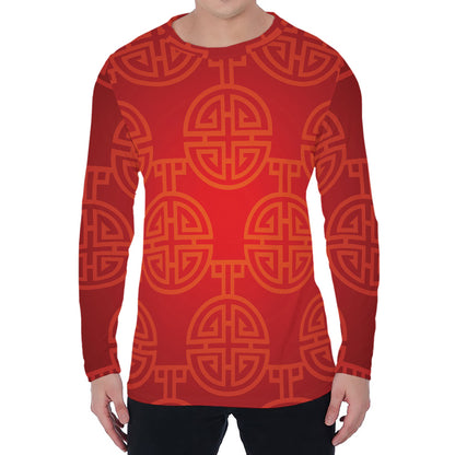 Chinese Lu Symbol Pattern Print Men's Long Sleeve T-Shirt