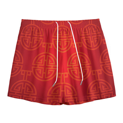 Chinese Lu Symbol Pattern Print Mesh Shorts