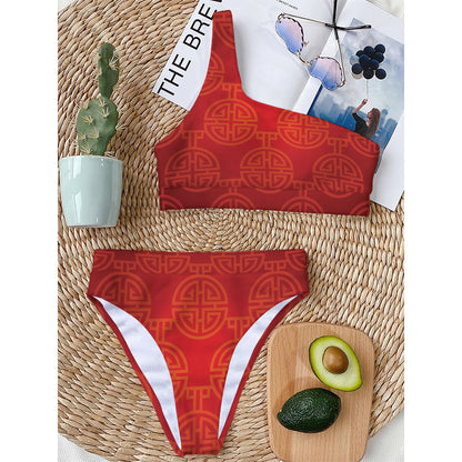 Chinese Lu Symbol Pattern Print One Shoulder Bikini Top