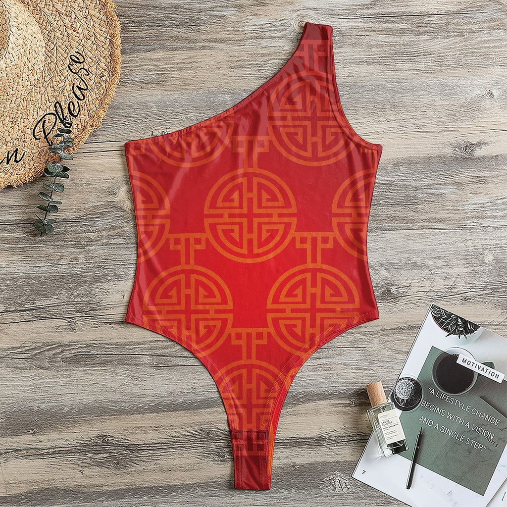Chinese Lu Symbol Pattern Print One Shoulder Bodysuit