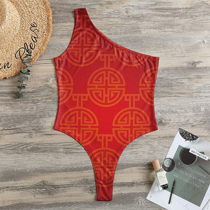 Chinese Lu Symbol Pattern Print One Shoulder Bodysuit