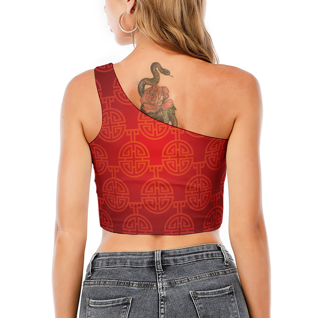 Chinese Lu Symbol Pattern Print One Shoulder Crop Top