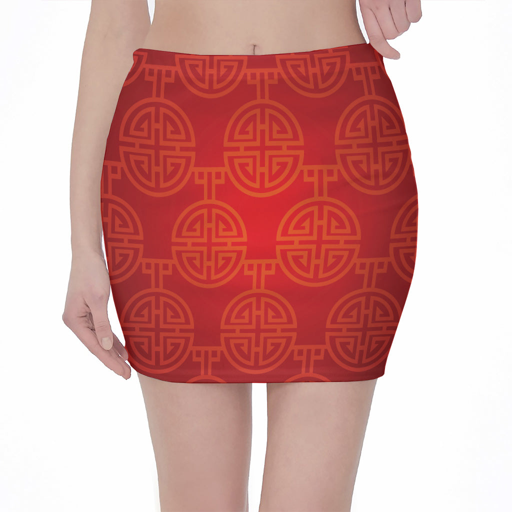 Chinese Lu Symbol Pattern Print Pencil Mini Skirt