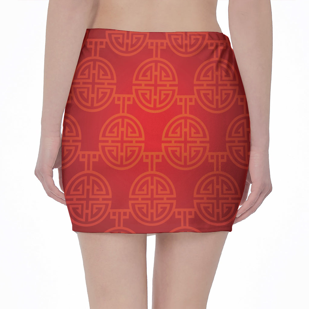 Chinese Lu Symbol Pattern Print Pencil Mini Skirt