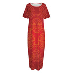 Chinese Lu Symbol Pattern Print Short Sleeve Long Nightdress
