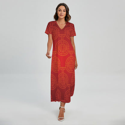 Chinese Lu Symbol Pattern Print Short Sleeve Maxi Dress