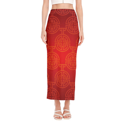 Chinese Lu Symbol Pattern Print Side Slit Maxi Skirt