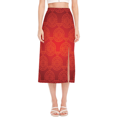 Chinese Lu Symbol Pattern Print Side Slit Midi Skirt