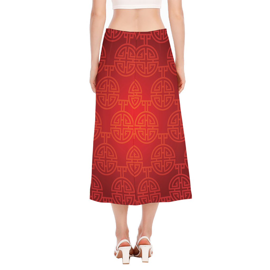 Chinese Lu Symbol Pattern Print Side Slit Midi Skirt