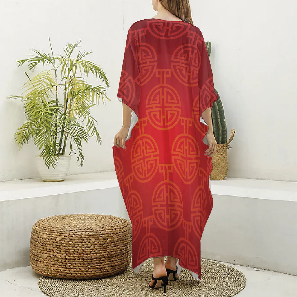 Chinese Lu Symbol Pattern Print Silk V-Neck Kaftan Dress