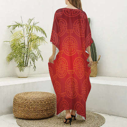 Chinese Lu Symbol Pattern Print Silk V-Neck Kaftan Dress