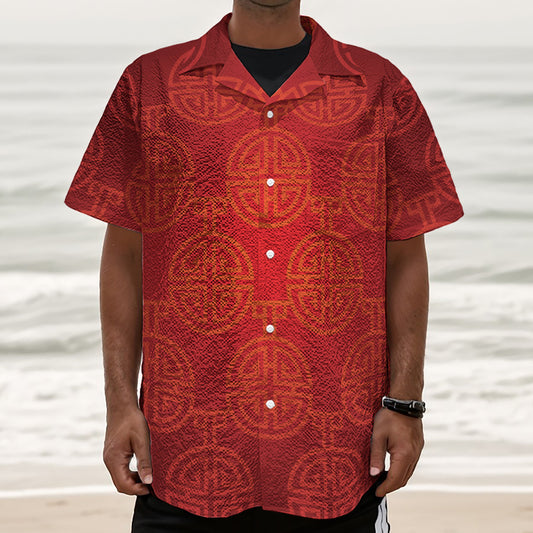 Chinese Lu Symbol Pattern Print Textured Short Sleeve Shirt