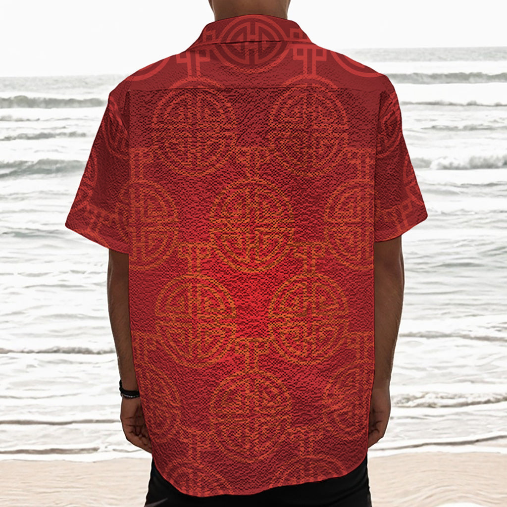 Chinese Lu Symbol Pattern Print Textured Short Sleeve Shirt