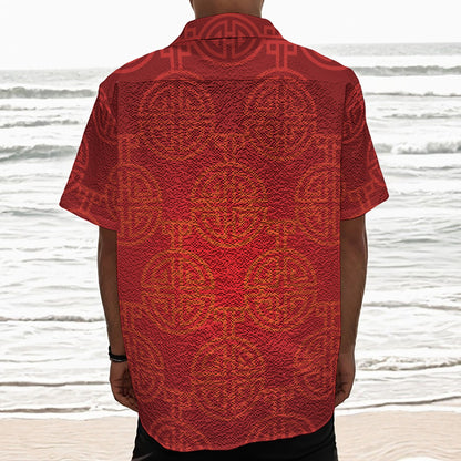 Chinese Lu Symbol Pattern Print Textured Short Sleeve Shirt