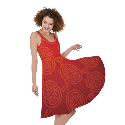 Chinese Lu Symbol Pattern Print Women's Sleeveless Dress