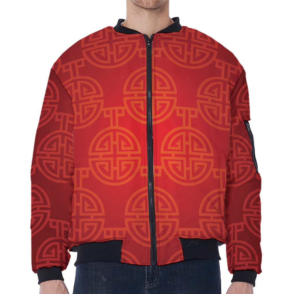 Chinese Lu Symbol Pattern Print Zip Sleeve Bomber Jacket