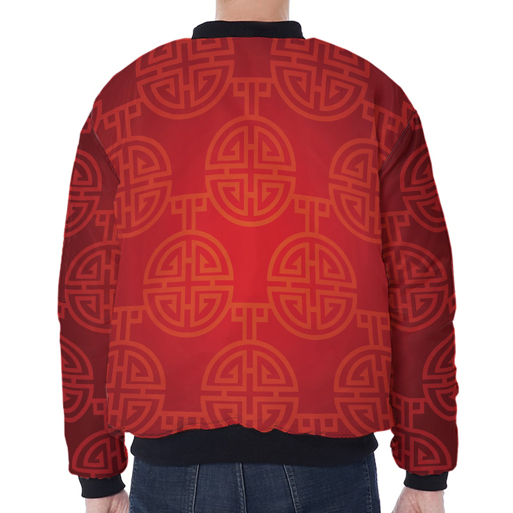 Chinese Lu Symbol Pattern Print Zip Sleeve Bomber Jacket