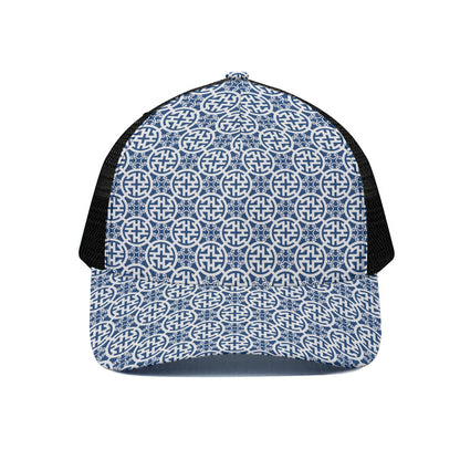 Chinese Luck Symbol Pattern Print Black Mesh Trucker Cap