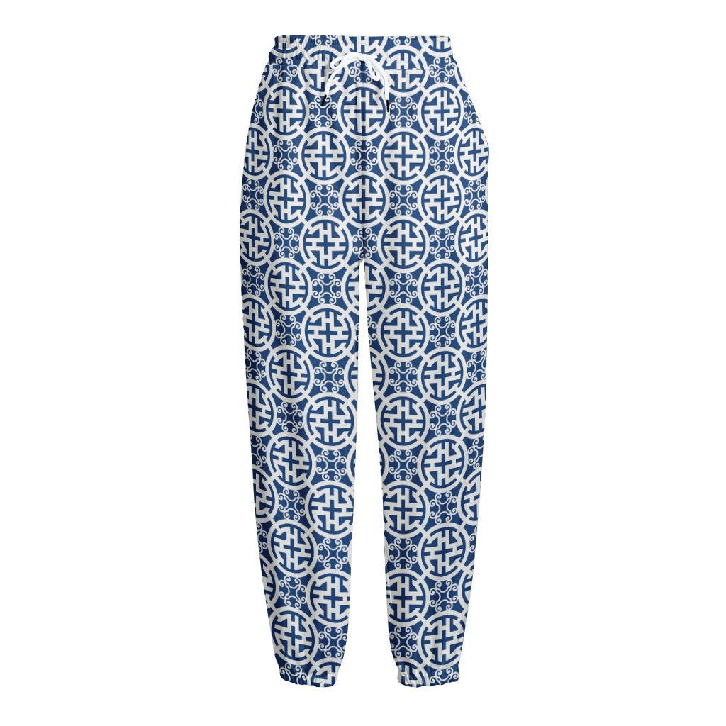 Chinese Luck Symbol Pattern Print Fleece Lined Knit Pants
