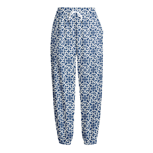 Chinese Luck Symbol Pattern Print Fleece Lined Knit Pants