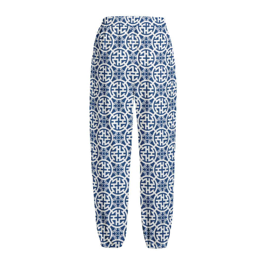 Chinese Luck Symbol Pattern Print Fleece Lined Knit Pants
