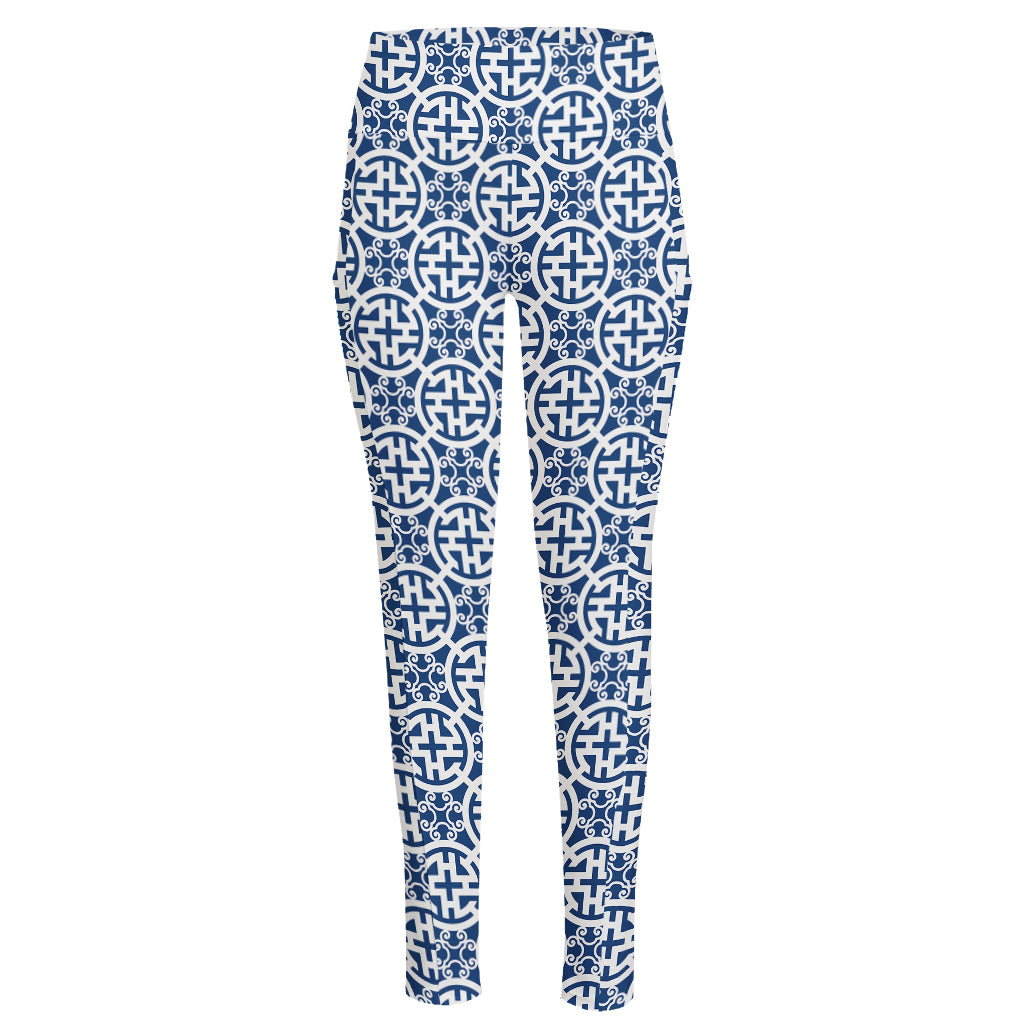 Chinese Luck Symbol Pattern Print High-Waisted Pocket Leggings