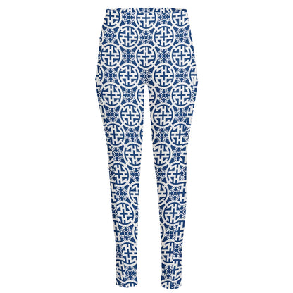 Chinese Luck Symbol Pattern Print High-Waisted Pocket Leggings
