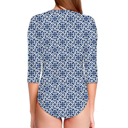 Chinese Luck Symbol Pattern Print Long Sleeve Swimsuit