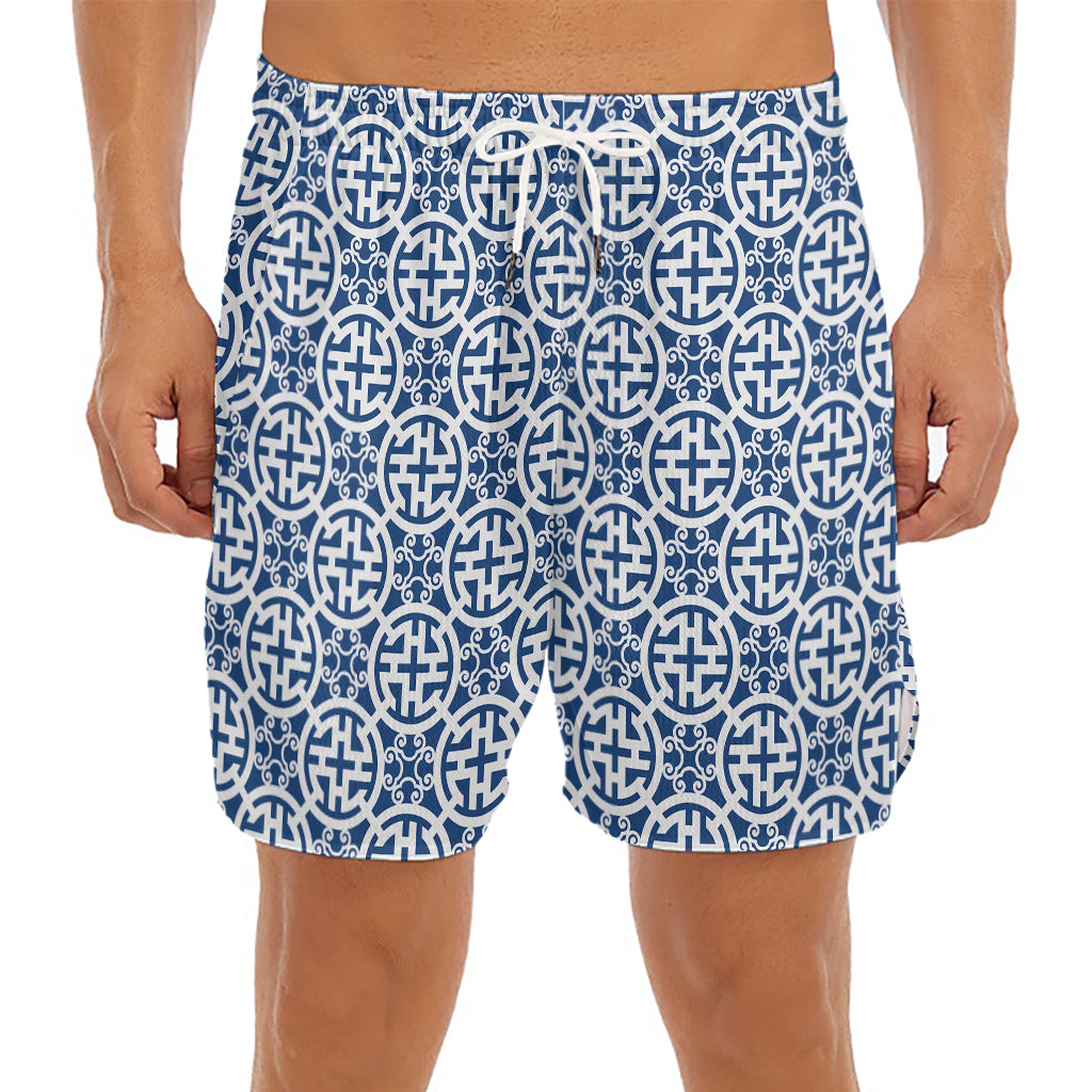 Chinese Luck Symbol Pattern Print Men's Split Running Shorts
