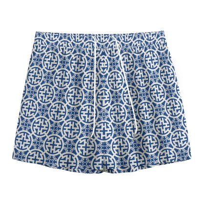 Chinese Luck Symbol Pattern Print Mesh Shorts