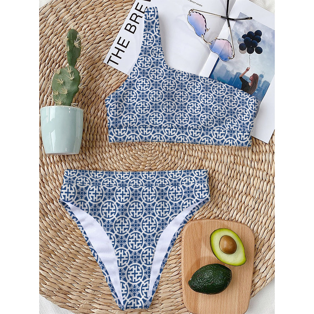 Chinese Luck Symbol Pattern Print One Shoulder Bikini Top