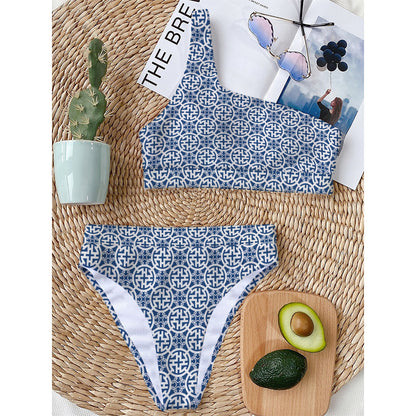 Chinese Luck Symbol Pattern Print One Shoulder Bikini Top