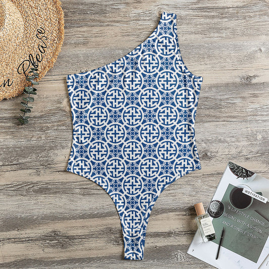 Chinese Luck Symbol Pattern Print One Shoulder Bodysuit