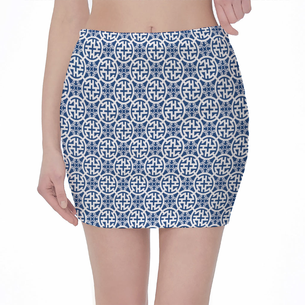 Chinese Luck Symbol Pattern Print Pencil Mini Skirt