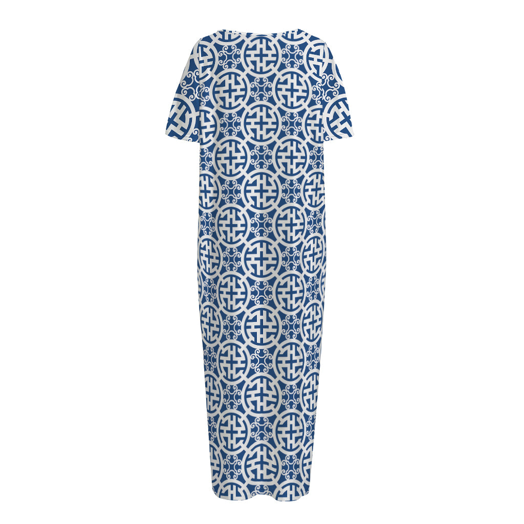 Chinese Luck Symbol Pattern Print Short Sleeve Long Nightdress